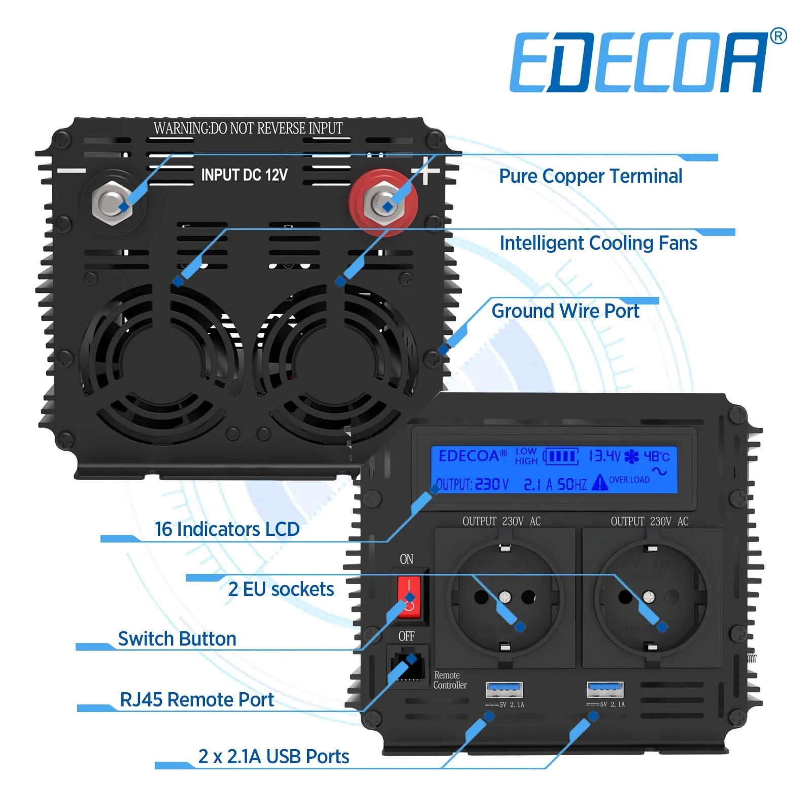 EDECOA 1000W/2000W pure sine wave inverter 12V