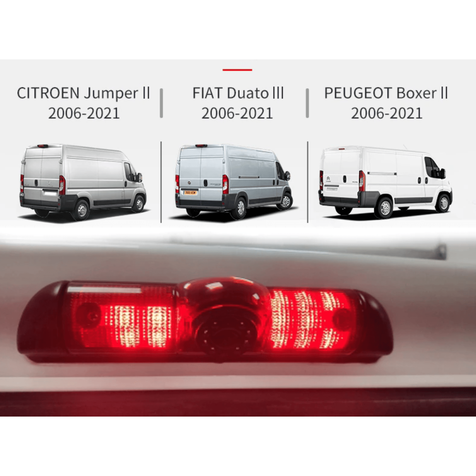 Jarruvalo-peruutuskamera Fiat Ducato-, Peugeot Boxer- ja Citroen Jumper 2006-2022.