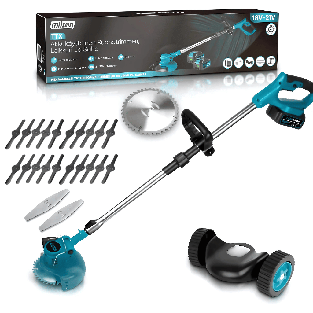 Milton 18V TTX Akku-Trimmer, -Schneider und -Säge + 2 Akkus und Ladegerät